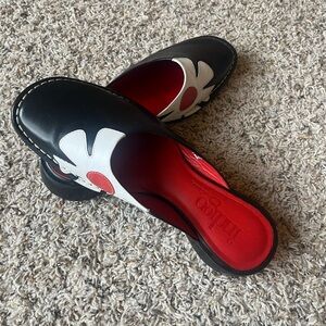 NEW! Indigo Black and Red Mules with Sleek Floral Design